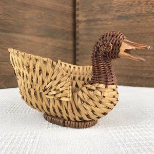 6" Two-Tone Vintage Mini Wicker Duck Basket, Vintage Woven Decor